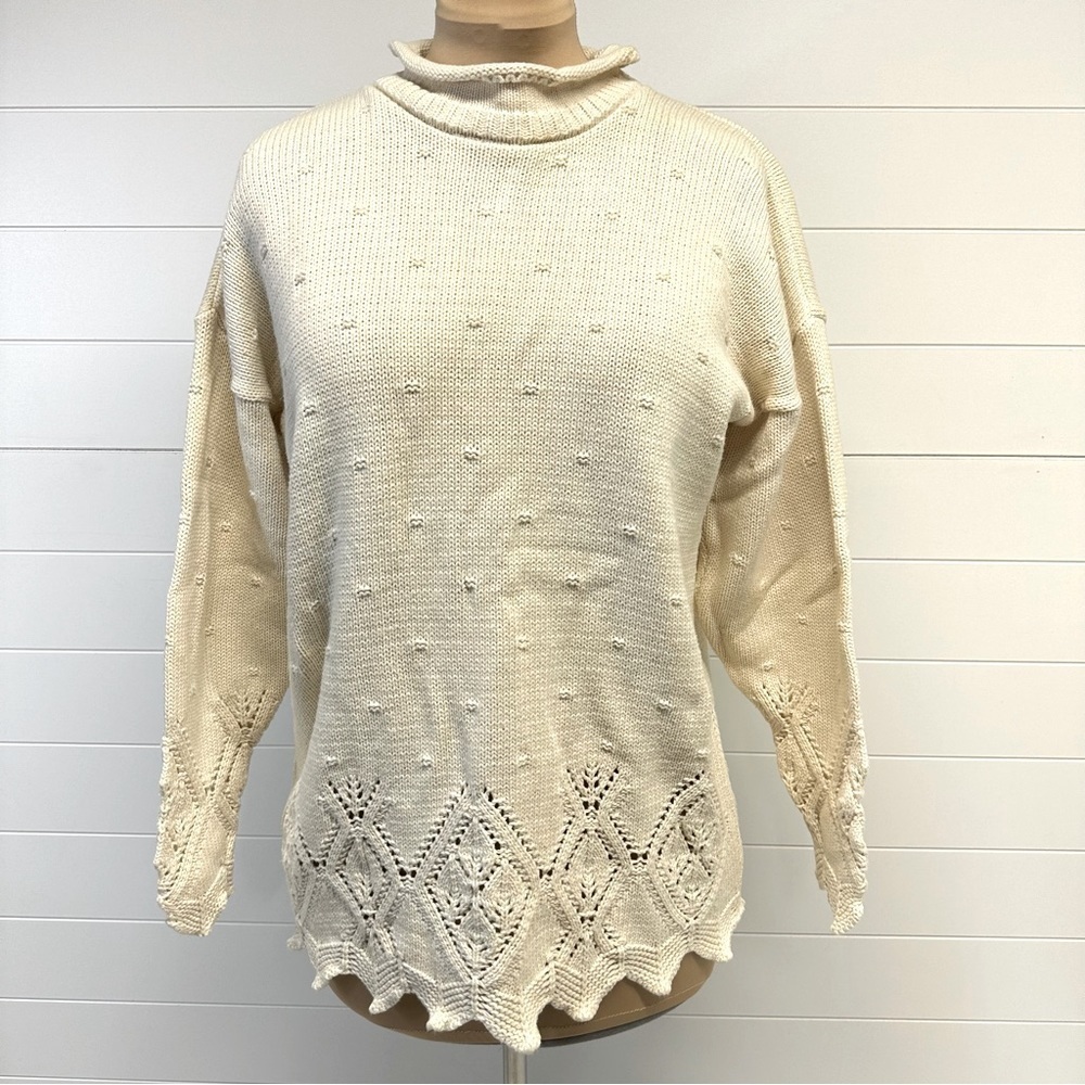 Vintage Maban of Scotland 100% Ivory Cotton Crochet Knit Long Sleeve Sweater Lg